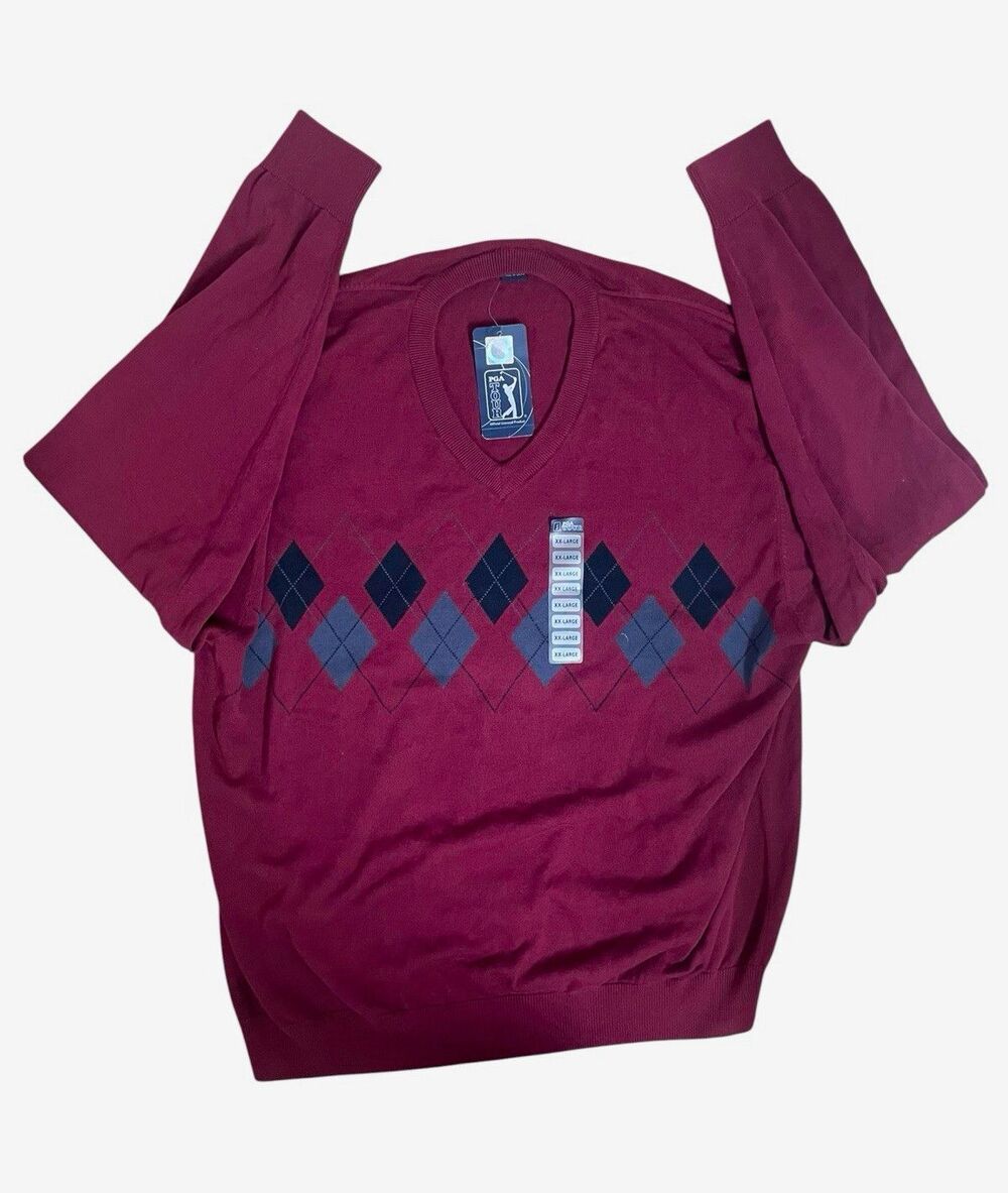 PGA TOUR Cotton Knit V-Neck Argyle Pullover Sweater Burgundy Mens XXL
